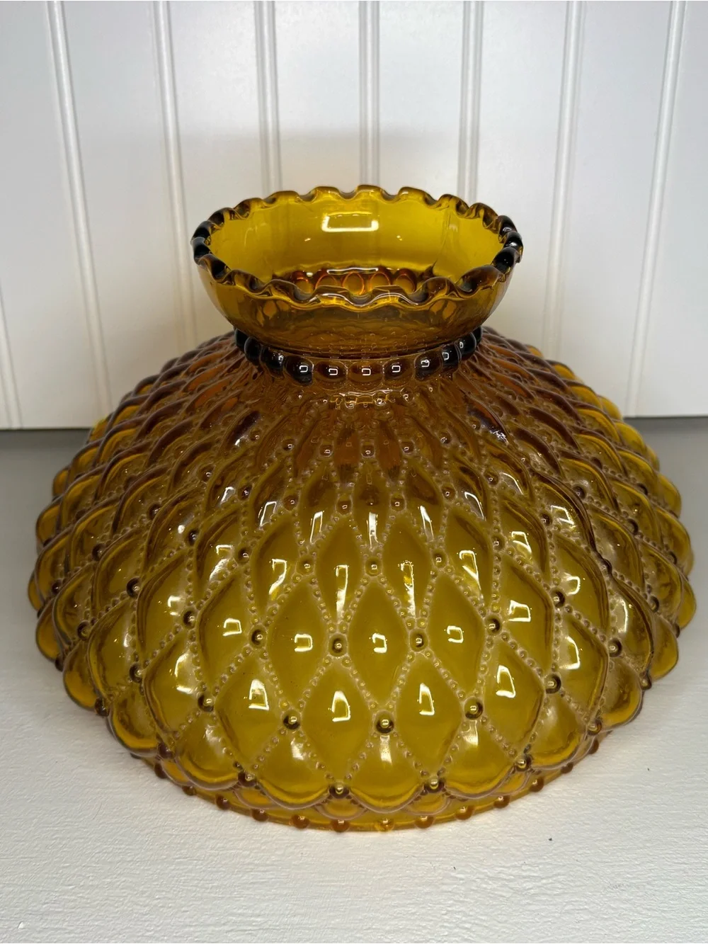 VTG Large 10” Fitter Amber Glass Hurricane Lamp Shade Diamond Quilted Ruffle